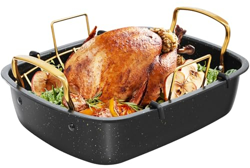 Slow Slog Roasting Pan, 17 Inch x 13 Inch Roaster with Removable Rack, Nonstick Roaster Pan for Roasting Turkey, Meat & Vegetables (Gold)