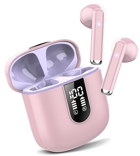Bluetooth Kopfhörer In Ear, Kopfhörer Kabellos Bluetooth 5.3, Ultraleicht Ohrhörer mit HD Mikrofon, Herausragender Sound Musik Streaming bis zu 30 Stunden, LED-Anzeige, IP7 Wasserdicht, Pfirsichrosa