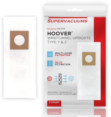 Supervacuums Type Y & Z Micro Filtration Paper Vacuum Cleaner Bags for Hoover Upright Vacuum Cleaner Models | Paper Vacuum Bags with 99.7% Filtration Efficiency | 3 Pack