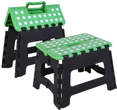 9 Inch Folding Step Stool for Adults and Kids - Non-Slip, Collapsible for Kitchen, Gardens, Bedrooms - Plastic Step Up Stool (Green and Black)