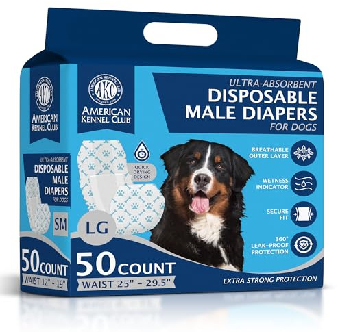 American Kennel Club Pañales Desechables para Perros machos, con indicador de Humedad, Grande, 50 Unidades