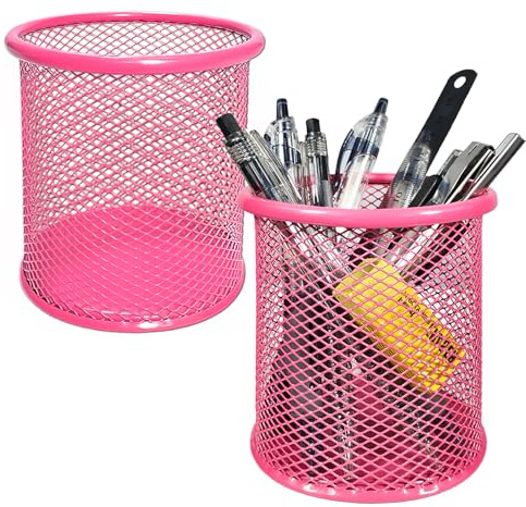 Qualsen Runde Stiftehalter Schreibtisch Gitter Metall, Rosa, 2 Stück