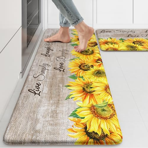 KIMODE Anti-Müdigkeit-Küchenmatte für Boden, Bauernhaus, Sonnenblume, Küchenteppich, rutschfest, gepolstert, Komfort-Standmatte für Spüle, Wäsche, Schreibtisch, Braun, 43,2 x 119,4 cm + 43,2 x 73,7