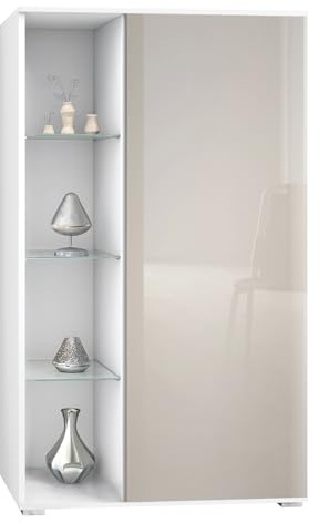 Vladon Vitrine Davos, Made in Germany, Standvitrine mit 3 Glasböden und 8 Fächer, Weiß matt/Sandgrau Hochglanz (71,5 x 134 x 35 cm)
