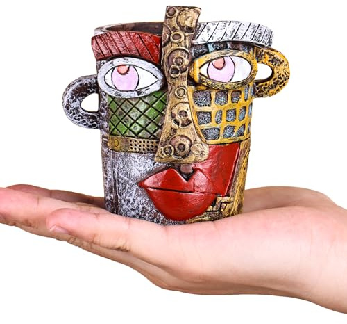 oliruim Mini Pot de Fleurs Visage en résine avec Trou de Drainage, Design Graffiti coloré, Petit Pot pour succulentes/Cactus, décoration pour Bureau, étagère, Balcon - H 9,5 cm (Couleur Ancienne)