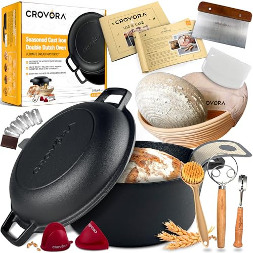 Crovora Horno holandés de hierro fundido para hornear pan, 5 cuartos de galón, negro, redondo, presazonado, incluye cesta Banneton, correa de silicona para pan, batidor de masa, raspadores y cepillo