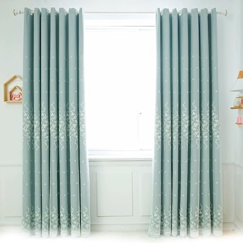 Bishilin Gardinen Blickdicht mit Ösen, Verdunklungsvorhänge Hellgrün 2er Set Doppellagig Stickerei mit Blumen Motiv Nordisch 107x214CM Polyester Vorhänge Wohnzimmer Jugendzimmer Kinderzimmer