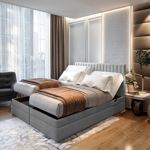 TRADA Boxspringbett ADÈLE 180x200 cm, elektrisch Bett mit Matratze + Tooper | Stoffbezug Veloursstoff, Bettkasten mit Gasautomaten, Hellgrau