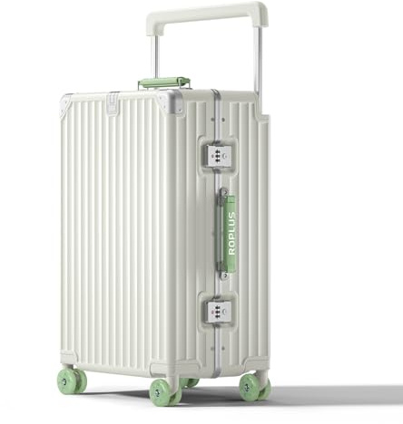 ROPLUS Aluminium Frame Checked-Luggage with Smooth Jelly Wheels, Hardside Zipperless Rolling Suitcase with TSA Lock (WhiteGreen, 24-Inch)