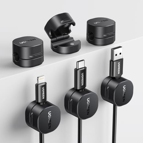 UGREEN [ 6 Pezzi ] Clip per Cavo a Molla [ Rotazione 91°] Magnetici [ Girevole a 360° ], Organizzatore Cavi Senza Residui per TV, PC, USB, HDMI, Cavo Ethernet, Scrivania, Casa, Ufficio (7.5mm) - Nero