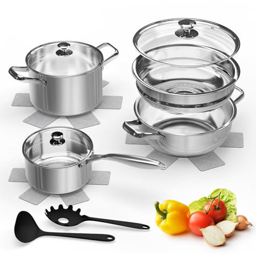 12-Piece Stainless Steel Pots and Pans Set, Induction Pots and Pans Set with Steamer & Glass Lids, Kitchen Cookware Set with Utensil Set Pot Protectors, Suitable for All Stovetops