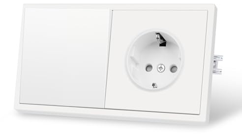 CNBINGO 1-Fach Wippschalter mit Steckdose Matt, 80mm x 150mm, Weiß | Einfach Lichtschalter mit Einzelsteckdose Unterputz, Kunststoffplatten mit Hautgefühl, Wandsteckdose mit Kindersicherung
