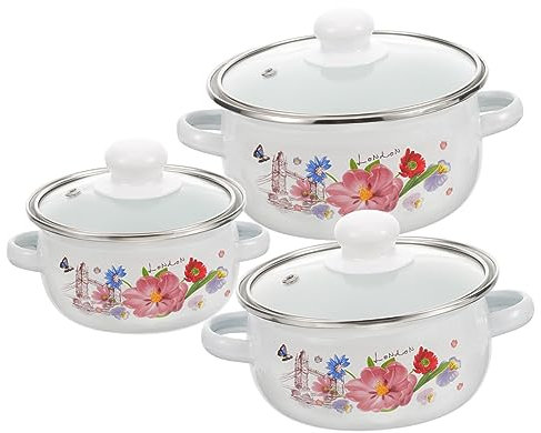 ULTECHNOVO Marmite Émaillée Vintage à Deux Poignées 1,5 l Émail Robuste Antiadhésif Cuisson Haute Température Couvercle Compatible Induction Maison Soupe Ragoût Lot De 3