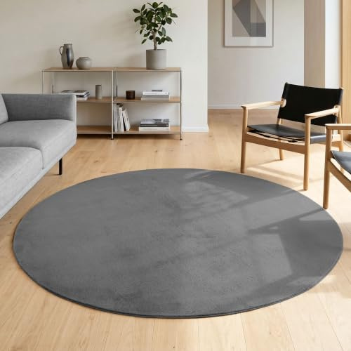 HomebyHome Runder Teppich Grau 160 cm Waschbarer Kurzflor Teppich, rund, rutschfest & weich, modernes einfarbiges Design für Wohnzimmer, Schlafzimmer, Küche & Kinderzimmer.