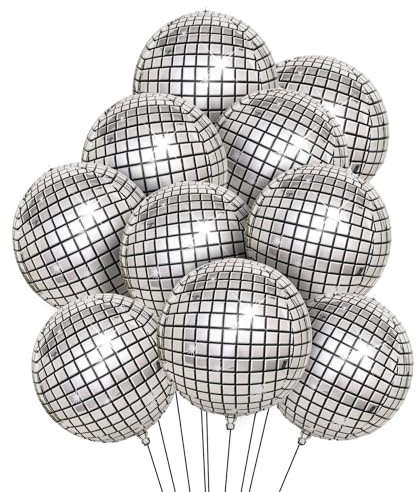 Fesnova Silbern Discokugel Luftballon, 10 Stück silberner Discoballon, für Geburtstag, Junggesellinnenabschied, 70er, 80er Jahre Motto, Abschlussfeier, Silvester, Abschlussball, Party Dekoration