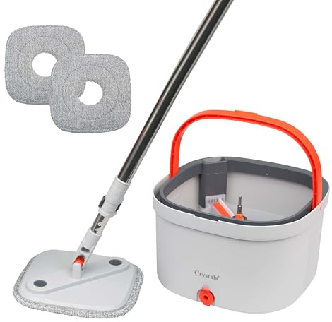 Crystals 360° Spin Mop & Bucket Set – Compact Floor Cleaning System with Squeeze Wringer, Machine‑Washable Microfibre Pads & 360° Rotating Mop Head, Square Mop, Grey (Mop Bucket + 2 x Mop Heads)
