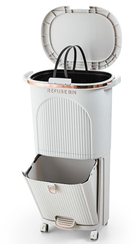 Warmiehomy Recycling Bins for Kitchen 38L Pedal Bin with Inner Bucket 2 Tier Trash Can with 2 Compartment Garbage Bin with Lid Vertical Waste Separation System with Wheels