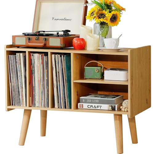 LKKRO Supporto per giradischi con 4 armadietti, può contenere fino a 220 album, tavolo per giradischi metà secolo, supporto in vinile nero (Legno grezzo)