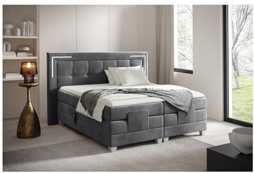 MEBLINI Boxspringbett Elektrisch Verstellbar mit LED - Gepolstert Doppelbett mit Matratzen und Toppers - Polsterbett - Bett mit Kopfteil - Tarente - 140x200 - H3/Dunkelgrau Samt