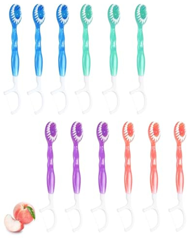 HUVZOR 12PCS Mini Cepillo Dientes Viaje Portátil, 5 en 1 Cepillos de Dientes Desechables con Pasta, Hilo Dental, Palillo de Dientes, Raspador de Lengua para Higiene Bucal, Frescura Inmediata