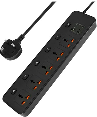 Extension Lead with 6 USB Slots 5 Way Plug Extension Socket Mountable Overload Wall Mount Extension Cord Desk Power Strip Extension Cable with Independent Switches for Home Office Dorm (Black)