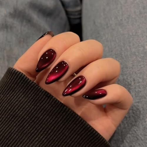 DMQ Wine Red Cat Eye Press on Nails, 30Pcs Dark Red Glitter False Nails Almond, Sparkly Shiny Soft Gel Fake Nails, Burgundy Goth Bling Stick on Nails with Glue for Women Holiday Decoration