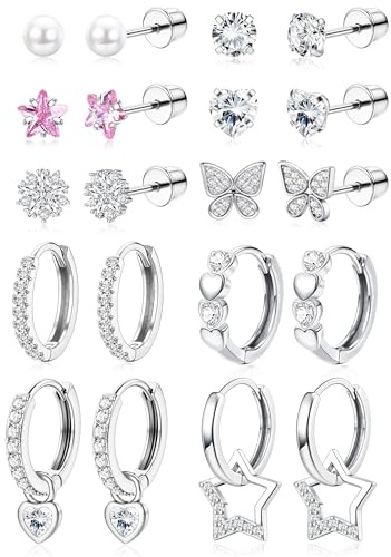 MILACOLATO 10 par örhängen flicka dam hypoallergena rostfritt stål örhängen CZ blomma pärla fjäril skruv creolörhängen smyckesset barn present dam, 0.8 mm x 6 mm (tige) / 10 mm (créoles), Koppar