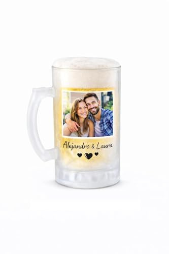 Kembilove® Jarra de Cerveza Personalizada de Vidrio Esmerilado Opaco 50 cl – Con Foto o Texto – Asa Ergonómica – Idea de Regalo Original para Amantes de la Cerveza