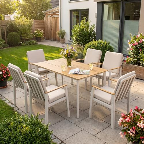 LANOX Aluminium Gartenmöbel Set mit Tisch und 6 Stühlen | Wetterfest & rostfrei, Tisch 150x80cm, Tischplatte in Holzoptik, inklusive 22D Schaumstoffpolster, für Terrasse & Garten