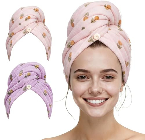HISBO Mikrofaser-Handtuch für Haare mit Tulpe – Haarhandtuch für Damen, alle Haartypen, 2 Stück (Rosa, Lila)
