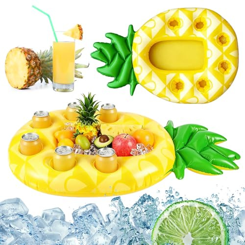 2 in 1 Aufblasbarer Getränkehalter Pool, Ananasform Poolbar Aufblasbar, Schwimmendes Tablett für Pool, 7 Löcher Große Kapazität Untersetzer für Sommer Schwimmbad, Wasserpark, Strand Mottoparty