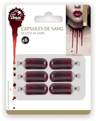 Capsules de Faux Sang Blister de 6 - 1 g - Maquillage Déguisement - Make-up - Sang de Théâtre - Fake Blood - Peinture Visage - Sang de Film - Effet Spécial - Plaies - Halloween - Carnaval - Cosplay