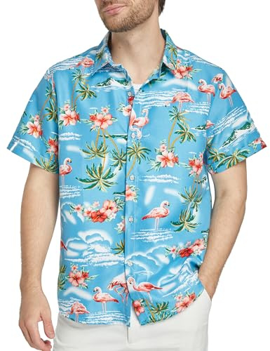 SSLR Hawaiian Shirt for Men Flamingo Short Sleeve Casual Button Down Shirts Summer Beach Shirt (Large, Blue)