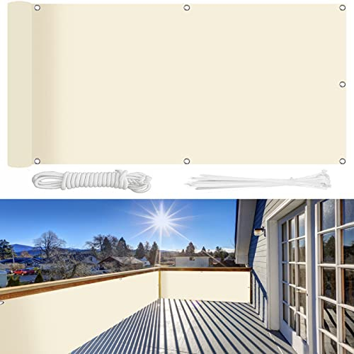 Balkon Sichtschutz 85×1400cm Ohne Bohren, 100% Schutz der Privatsphäre,Blickdichte Balkonumspannung Windschutz UV-Schutz Gartenzaun Schwimmbad-Leitplanke,mit Ösen Kabelbinder und Kordel/Cremeweiß