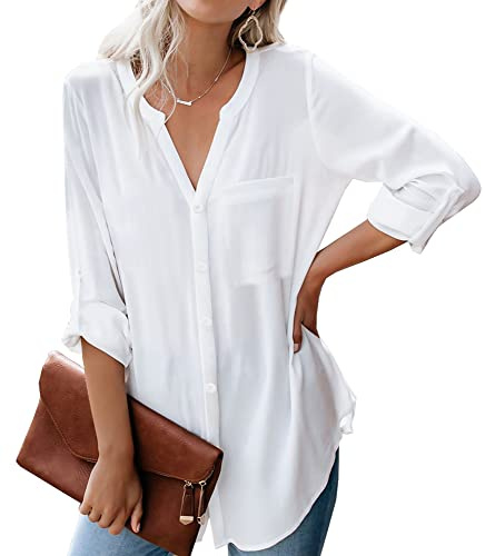 Dordanity Damen Bluse Elegant V-Ausschnitt Hemd Langarm Casual Arbeit Einfarbig Button Down Lose Langarmshirt Oberteile Tops (X-Large,Weiß)