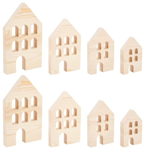 OLYCRAFT 8Pcs Wooden House Trays 4 Sizes 1.8cm Thick Blocks for Home Decor | Wood Build, 4 Size Options, Blank Cutouts Display Decoration Pieces, for Serving Board Kitchen Decor Shelf Display DIY Craft