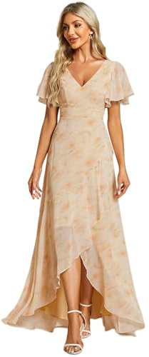 Ever-Pretty Women's Chiffon V Neck Ruffle Maxi Evening Prom Dress Golden Roses 12UK