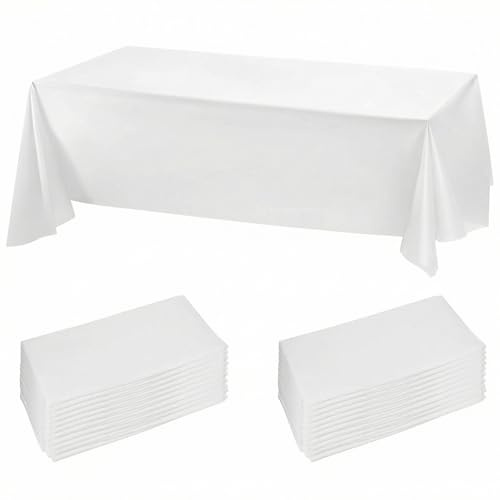 QWORK® 20 Stück Lange weiße Tischdecken, Kunststoff, 274 x 137 cm, wasserdichte Tischdecken, geeignet für Restaurants, Hochzeiten, Partys und besondere Veranstaltungen