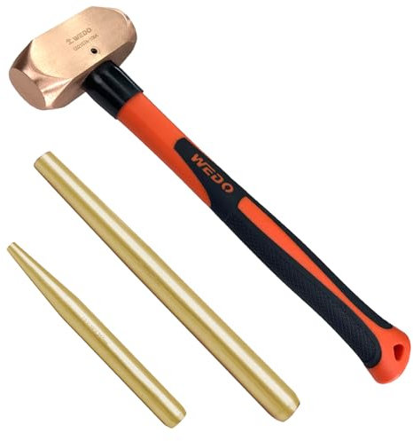 WEDO 2lb Copper Sledge Hammer with Fiberglass Handle, Set of 2, Aluminum Bronze Pin Punch, Die Forged, Corrosion Resistant, DIN Standard