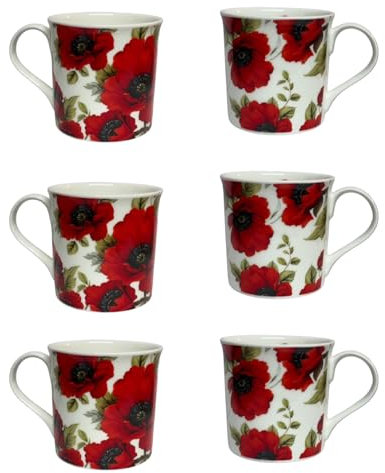 Tamersgifts Princess Poppy Floral Mugs, 350ml, Fine Bone China, Set of 6, White and Red