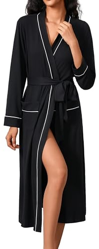 Ekouaer Womens Robe Long Sleeve Bathrobe Lightweight Soft Knit Bath Robes | Kimono Robes, Ladies Casual Loungewear, Inner Ties and Outer Fixed Belt, with Two Handy Side Pockets, S-3XL