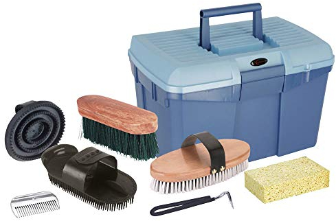 Kerbl Putzbox blau mit Inhalt (für Pferde, Pferdebürsten, Mähnenbürsten, Putzkiste mit Bürsten, Pferdepflege, Putzzeug blau) 321775