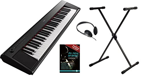 Yamaha- Teclado Piaggero NP-12B (61 teclas sensibles al tacto, 10 sonidos, función de grabación, incluye soporte para teclado, auriculares y libro de aprendizaje, USB, posibilidad de funcionamiento con batería), color negro.