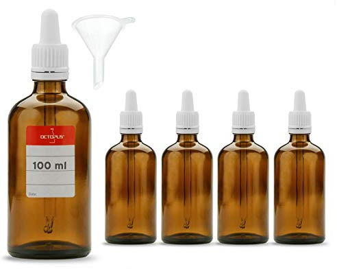 5 Braunglas-Pipettenflaschen 100 ml mit Trichter und Etiketten