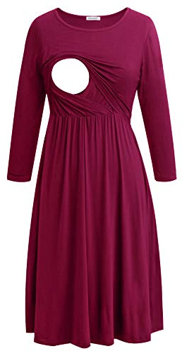 Smallshow Abiti per Allattamento Abito per Allattamento al Seno Manica 3/4 per Donna Burgundy XXL