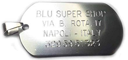 Militärschild-Anhänger, 52 x 38 mm, mit Gravur auf 4 Zeilen, personalisierbar, Blutgruppe, Krankheit, Name, Liebe, Geburt oder andere, + ein Schlüsselanhänger Horn
