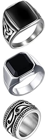 OIDEA Herren Ring Siegelring Wikinger: 3 Stück Biker Celtic Retro Charm Punk Rock Herrenring mit Achat Schwarz Bandring aus Edelstahl Keltischer Knoten Viking Geschenk für Männer Größe 70