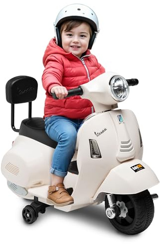 BabyCar Mini Vespa Elektrisch für Kinder 1–3 Jahre | Kinder Motorrad Elektrisch 6V im Vespa Piaggio Stil mit Lichtern, Sounds, Sitz, Rückenlehne und Stabilisator-Rädern | 25W Motor mit Pedal-Gas |Weiß