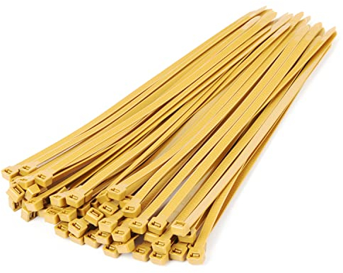 XINGO 100 Stück Kabelbinder Gold, 300mm x 7,6mm, 50 kg Zugfestigkeit, kleine Größe, UV Beständig Set für Zur Ordnung von Kabeln, Gartenarbeit, Hause, im Büro, der Garage