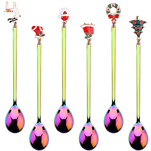 Cucchiaini da Caffè di Natale,6 pezzi Cucchiai di Natale Cucchiaini da tè da Dessert in Acciaio Inossidabile di Natale in Argento con Pendenti di Natale Albero di Natale Campane (Colorful)